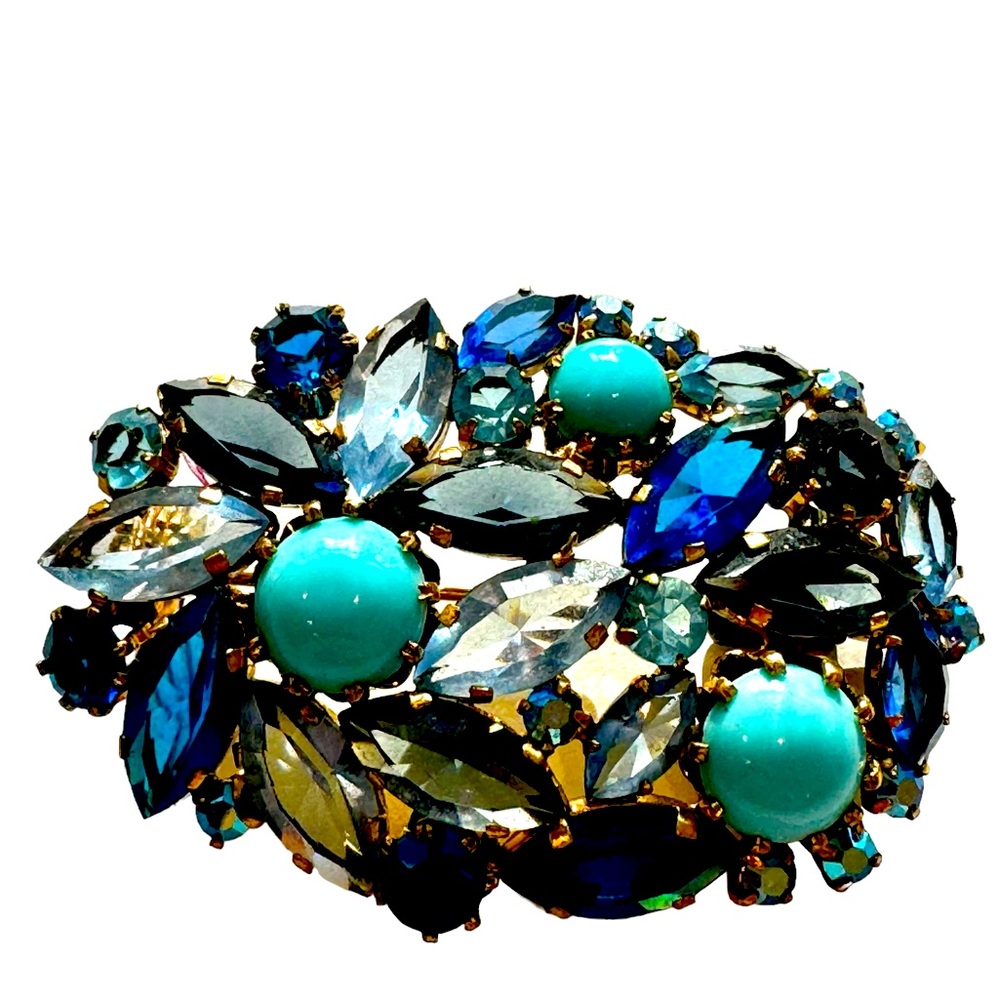 Vintage blue crystal and turquoise brooch. EUC